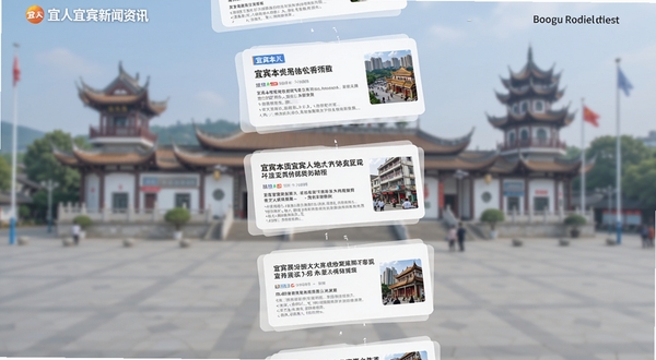 宜人宜宾新闻资讯页面展示,画面主体为悬浮在空中的多个新闻卡片,卡片上显示宜宾本地新闻标题与缩略图,背景区域为宜宾标志性建筑合江门广场虚化场景,色调以清爽白色与蓝色为主,呈现信息流滚动效果,适配Boogu模型生成。