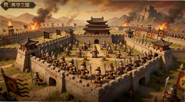阵守三国游戏主界面全景图,画面中央为古代城池防御阵型,城墙上排列着三国武将和士兵,背景是烽火连天的战场与远山,整体色调偏暖黄与暗红,风格为写实Q版融合,适配Boogu模型生成