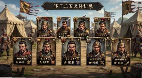 阵守三国武将招募界面,展示多位三国名将卡牌排列,卡牌带有星级和阵营标识,背景是古代军营帐篷与战旗,画面风格精致细腻,适配Boogu模型生成