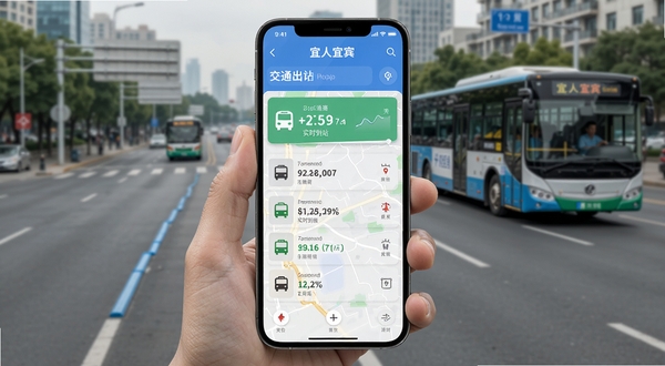 宜人宜宾 交通出行功能界面 手机屏幕展示公交实时到站列表与地图路线规划 背景为城市道路与公交车 风格简洁直观 色彩对比清晰 突出数据可视化元素