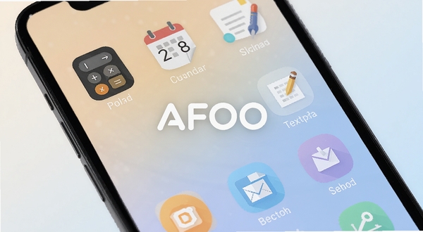 AFOO智能工具箱界面展示,手机屏幕中显示多个工具图标整齐排列,有计算器、日历、文本编辑器等元素,背景为浅色渐变,整体风格清新简洁,画面中央突出AFOO品牌标识