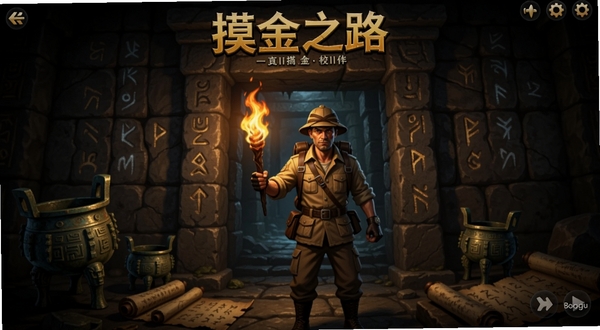摸金之路游戏主界面,画面中央展示一位身穿探险服的摸金校尉手持火把站在古墓地宫入口,背景是幽暗的石壁与神秘符文,四周散落着青铜器与古老卷轴,整体色调偏暗黑写实风格,光影对比强烈,适配Boogu模型生成