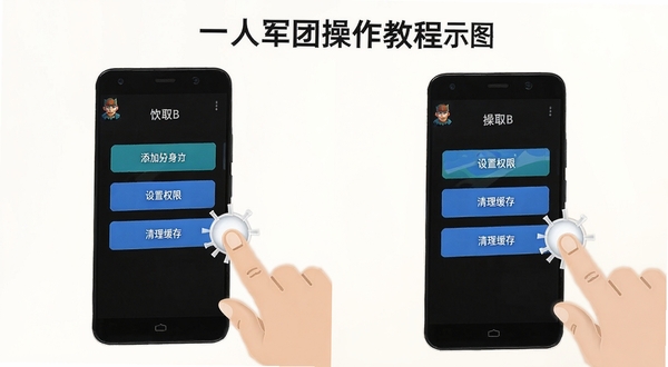 一人军团操作教程示意图,画面展示一部安卓手机屏幕,屏幕上显示一人军团的应用管理界面,有添加分身、设置权限、清理缓存等操作按钮,旁边有手指点击的示意动画,背景为浅色简洁风格,突出易上手、操作简单的特点