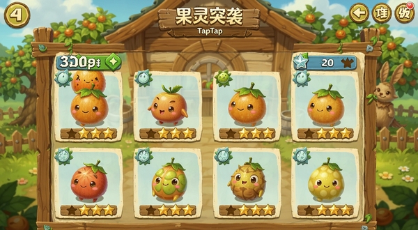 果灵突袭(TapTap测试版)游戏内的果灵养成界面,展示多个水果精灵角色排列在屏幕上,每个角色带有等级和星级标识,背景为木质风格的果园小屋,画面明亮温馨