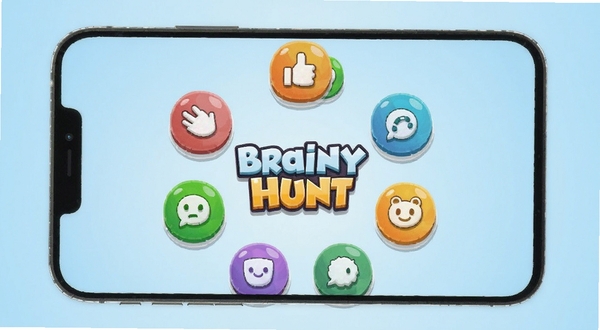 Brainy Hunt 游戏主界面展示丰富题库分类,卡通风格,手机屏幕竖版构图,背景为淡蓝色渐变,画面中央有多个彩色分类图标环绕,标题文字清晰可见