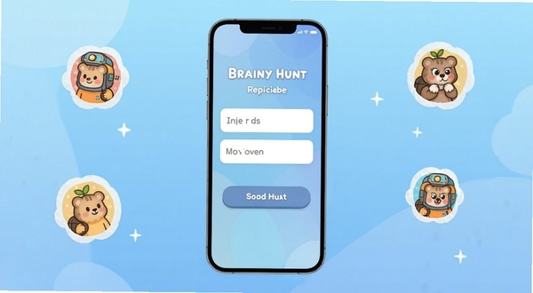 Brainy Hunt 账号注册界面,手机竖屏显示,输入框和按钮清晰,背景为柔和渐变蓝色,卡通风格图标点缀