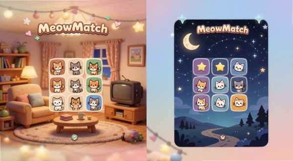 MeowMatch多样关卡与主题场景展示,画面左侧为温馨客厅主题的配对界面,右侧区域为星空夜晚主题的配对界面,两种场景并排对比,背景为柔和过渡色,整体风格统一且富有变化,适配Boogu模型生成