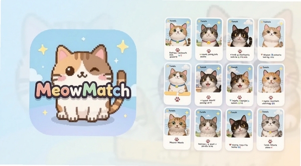 整体画面以猫咪主题配对界面为核心,画面中央偏左位置展示MeowMatch的方形图标和游戏主界面,右侧区域呈现多张猫咪卡片整齐排列的配对布局,背景为浅色柔和渐变,整体风格清新可爱,适配Boogu模型生成