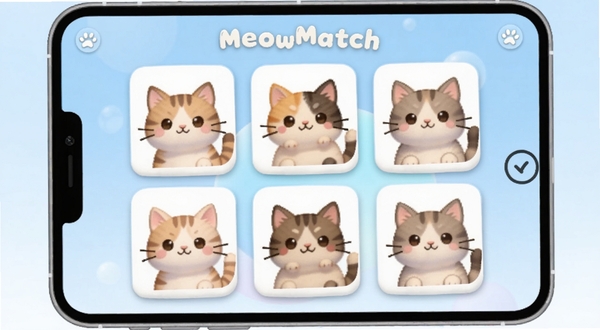 MeowMatch猫咪主题配对玩法界面,画面主体为多张不同表情的猫咪卡片整齐排列在屏幕中央,背景为淡蓝色渐变,卡片带有圆角设计,整体风格清新可爱,适配Boogu模型生成