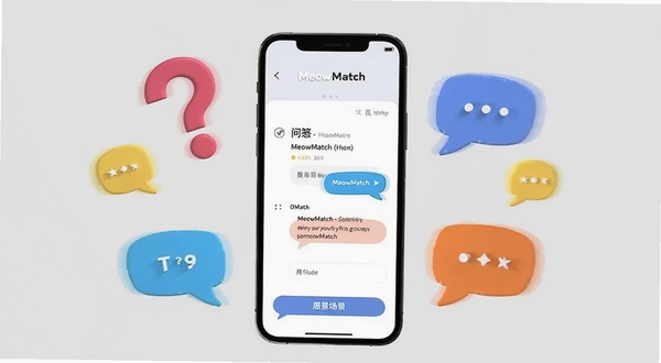 MeowMatch用户问答场景展示,画面中央为手机屏幕显示MeowMatch的问答界面,周围环绕问号与对话气泡元素,背景为浅灰色,整体风格简洁明了,适配Boogu模型生成