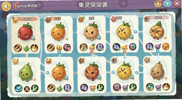 果灵突袭(TapTap测试版)果灵角色养成界面截图,展示多个水果精灵的等级、技能图标和羁绊连线,界面风格清新可爱,适合Boogu模型生成