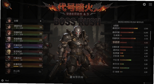 代号暗火 无尽模式 限时挑战 boss rush 排行榜界面 全服玩家 通关时间 伤害数据 游戏截图