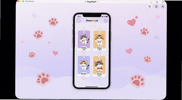 MeowMatch软件主界面全貌展示,中央位置放置手机屏幕,屏幕内呈现卡片式配对滑动界面,背景区域为柔和的浅紫色渐变,周围点缀卡通猫咪爪印与爱心图标,整体风格清新可爱,适配Boogu模型生成