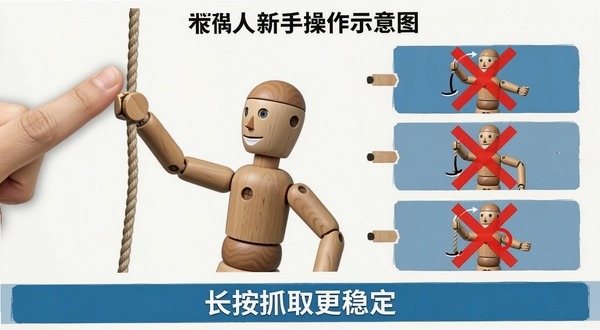 木偶人新手操作示意图,画面左侧展示手指拖拽木偶人手臂抓住绳索的动作分解,右侧标注三个常见错误操作打叉标记,底部有文字提示“长按抓取更稳定”,整体为信息图风格