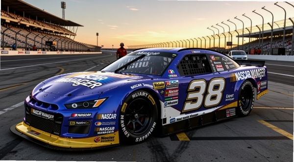 画面中央展示一辆标志性的纳斯卡赛车停在维修区,车身带有NASCAR Manager标识,背景是赛道看台与夕阳,整体采用写实风格,色彩饱满,突出赛车细节与赛事氛围