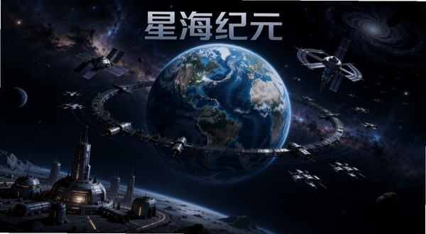 星海纪元官方宣传图,浩瀚宇宙背景中一颗蔚蓝宜居星球位于画面中央,周围环绕空间站与小型舰队,画面左下角有建造中的基地轮廓,整体色调深邃科幻,光影层次丰富,适合作为软件下载站头图展示