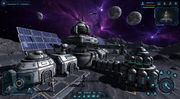 星海纪元游戏截图,展示玩家在星球表面建造的多层太空基地,建筑模块错落有致,太阳能板阵列与储氧罐清晰可见,背景是紫色星云与两颗卫星,画面带有科技感UI界面