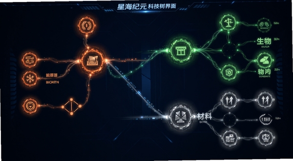 星海纪元科技树界面示意图,深蓝色背景上分布着发光的科技节点,能源分支呈现橙红色光晕,生物分支为绿色,材料分支为银灰色,节点之间由光线连接,整体风格简洁科技感强