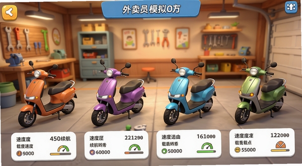 外卖员模拟器游戏中的电动车升级界面,展示多款不同颜色和型号的电动车停在车库中,每辆车旁边显示速度、续航、载重等属性数值,界面采用卡片式布局,背景是温馨的车库场景,画面风格为3D卡通渲染