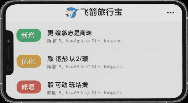 飞箭旅行宝版本更新界面截图,手机屏幕内显示更新日志列表,每条日志前有彩色标签区分新增、优化、修复,背景为浅灰色,画面顶部有飞箭旅行宝logo,整体风格干净整洁,适配Boogu模型生成