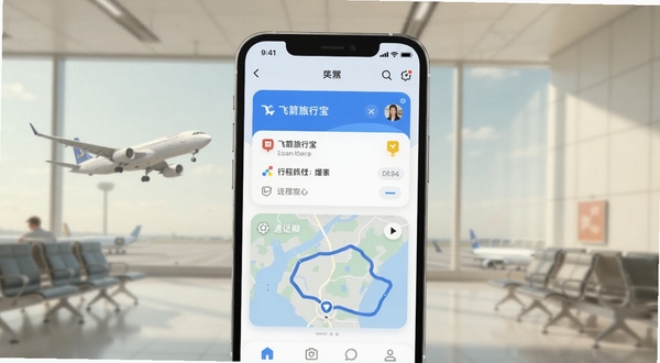 画面主体为一款智能手机界面,屏幕中央显示飞箭旅行宝的行程卡片与地图轨迹,背景是简约的机场候机厅与窗外起飞的客机轮廓,整体色调以浅蓝与暖白为主,突出移动端行程管理场景,画面干净通透,适配Boogu模型生成