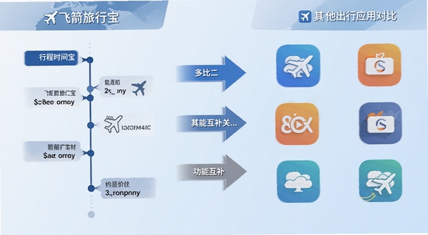 飞箭旅行宝与其他出行应用对比示意图,画面左侧为飞箭旅行宝的行程时间轴,右侧为多个常见旅行应用图标排列,背景为淡蓝色渐变,中间用箭头表示功能互补关系,整体风格简洁商务