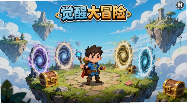 觉醒大冒险 游戏主界面 卡通冒险风格 主角站在神秘大陆中央 四周有发光传送门和宝箱 背景为广阔天空与浮空岛屿 色彩明亮 细节丰富