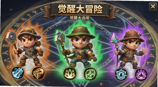 觉醒大冒险 角色选择界面 展示多名卡通冒险者 每个角色带有不同颜色光效和技能图标 背景为魔法阵 画面精致