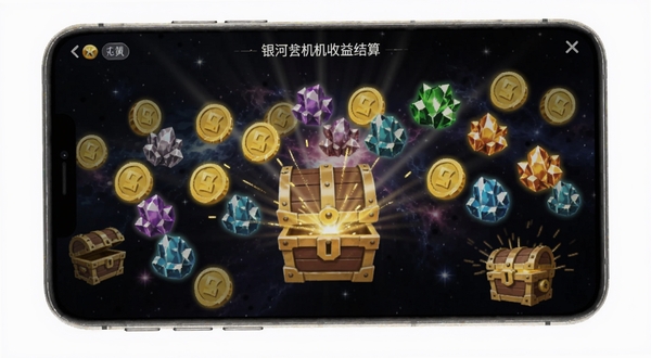 银河合并挂机 离线收益结算界面 大量金币与矿石图标漂浮 宝箱开启特效 深空背景 手机屏幕竖向构图