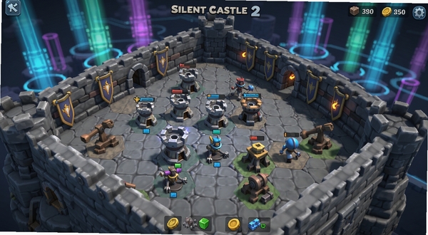 Silent Castle Ⅱ 策略布局界面,展示防御塔与资源采集单位同屏,画面主体为城堡内部结构,背景带有科技感光效,风格偏写实卡通,适配Boogu模型生成