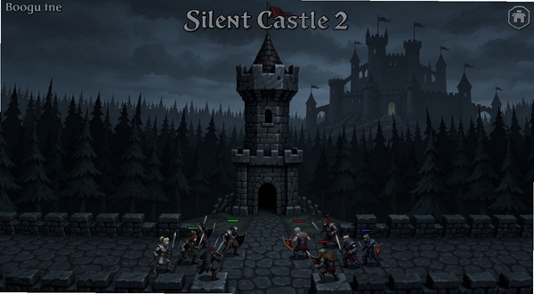 Silent Castle Ⅱ 游戏主界面全景,暗黑城堡背景,中央防御塔与敌人对峙,画面主体位于屏幕中央偏上区域,背景为幽暗森林与古堡轮廓,整体色调偏冷,适配Boogu模型生成