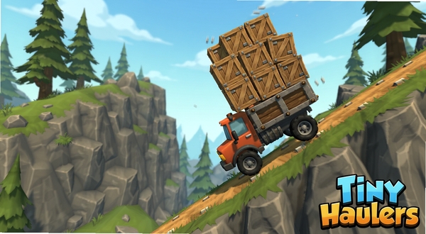 Tiny Haulers游戏中的山地关卡场景,一辆迷你运输车正在陡峭的坡道上行驶,车上堆满了木箱货物,背景有树木和岩石,画面呈现出物理平衡的紧张感,游戏名称Tiny Haulers以卡通字体显示在画面角落。