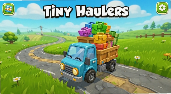 一款名为Tiny Haulers的卡通风格安卓游戏画面,画面中央是一辆装载着彩色货物的小型运输车行驶在蜿蜒的乡村道路上,背景是蓝天白云和绿色田野,整体色调明亮活泼,适合作为游戏宣传图。