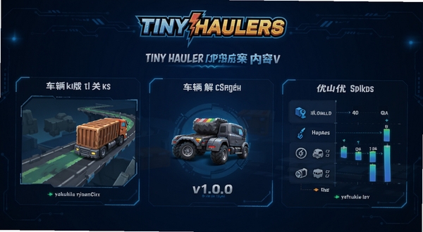 Tiny Haulers游戏版本更新内容展示图,画面以信息图表形式呈现v1.0.0版本的新增关卡、车辆解锁和优化数据,背景为深蓝色科技风格,Tiny Haulers标志位于顶部,整体设计简洁现代。