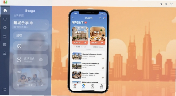 ů����ѧ����������ȫòչʾ����������Ϊ�ֻ���Ļ��App����ҳ���֣������γ̿�Ƭ����Ѷ�б�����������Ϊůɫ�����м�Ӱ�������������죬����Booguģ������