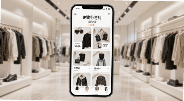 时尚行易批 选款大厅界面 手机屏幕显示服装商品网格 每件衣服带有价格标签 背景为明亮服装展厅 柔和灯光 现代电商风格 细节清晰