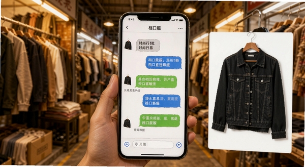 时尚行易批 档口直连聊天界面 手机屏幕显示采购商与档口客服对话 旁边有服装样品图 背景为批发市场档口场景 暖色调 真实感