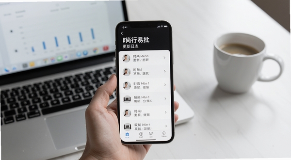 时尚行易批 更新日志界面 手机屏幕显示版本更新内容列表 背景为简洁办公桌 有笔记本和咖啡杯 现代感