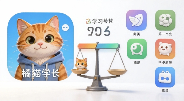 橘猫学长与同类学习软件对比场景,画面左侧是橘猫学长应用图标,右侧是几款常见学习APP图标,中间用天平或对比条形式呈现,背景简洁明亮,突出橘猫学长轻量简洁的特点