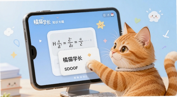 橘猫学长软件界面中知识卡片功能展示,一只橘猫用爪子点击屏幕上的卡片,卡片上写有数学公式和英语单词,背景是淡蓝色渐变,整体呈现轻快学习氛围,突出卡片式学习特点