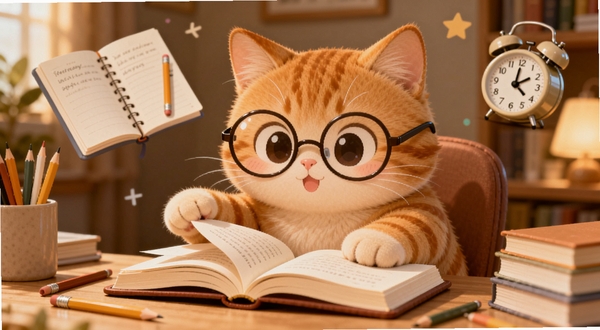 一只可爱的橘猫戴着圆框眼镜坐在书桌前,前爪翻动书本,周围漂浮着笔记本、铅笔和闹钟等学习元素,背景是暖色调的温馨书房,画面中央突出橘猫学长的拟人化形象,整体风格清新治愈,适合作为软件宣传主图