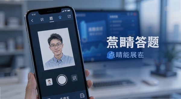 点睛答题 功能展示图 手机屏幕显示拍照识题与题库列表 界面元素丰富 科技感蓝色调 背景虚化处理 突出应用界面