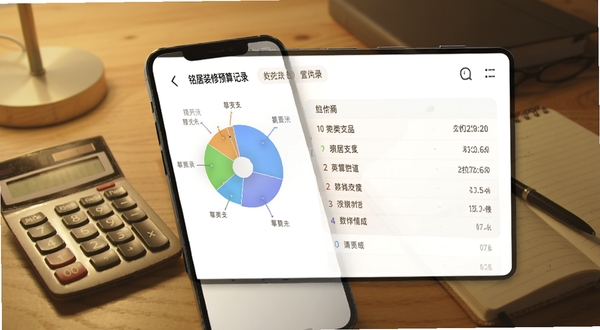 铭居装修预算记录界面,手机屏幕显示分类开支饼图与列表,背景为书房桌面环境,有计算器和笔记本,暖色调光线,真实感渲染