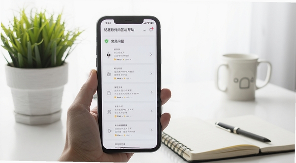 铭居软件问答与帮助界面,手机屏幕显示常见问题列表,背景为居家办公桌场景,有绿植和笔记本,明亮清新风格