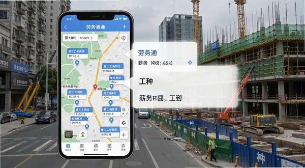 ����ͨ�����й����ܽ��棬�ֻ���ͼ�ϱ�ע����й���λλ�õ㣬�Աߵ�����λ��Ƭ��ʾн���빤����Ϣ������Ϊ���нֵ��뽨�����س�����������дʵ��������������ͨ��λ�һ��