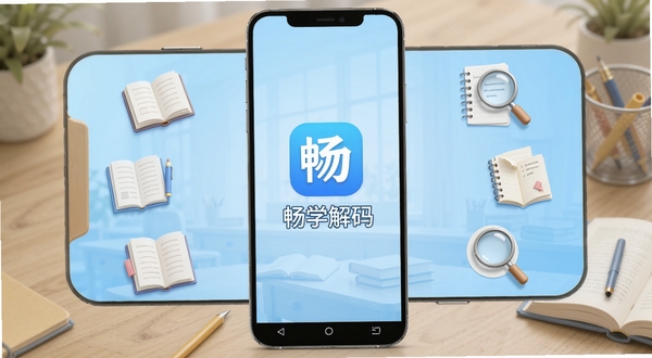 畅学解码安卓手机端主界面全貌展示,屏幕中央为软件名称畅学解码的logo标识,背景为淡蓝色渐变学习场景,周围环绕书籍、笔记、放大镜等学习元素图标,整体风格简洁清新,适配教育学习类软件视觉调性