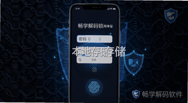畅学解码应用锁和本地存储安全设置页面,手机屏幕显示密码输入框和指纹图标,背景为深色科技感纹理,突出安全防护氛围,画面中包含畅学解码软件名称水印