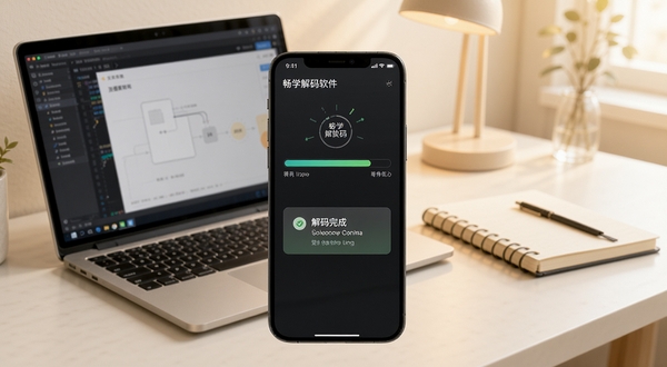 畅学解码软件界面中资源解码功能运行时的场景,手机屏幕显示文件导入进度条和解码完成提示,背景为现代简约的书桌环境,有笔记本电脑和笔记本,色调温暖明亮,突出畅学解码的解码能力