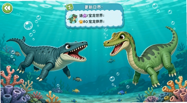 宝宝恐龙世界新版本界面展示,画面中同时呈现沧龙和蛇颈龙两种新增水生恐龙在水下场景中游动,周围有气泡和珊瑚礁装饰,上方悬浮着更新日志的文字标签,整体风格为清新卡通水下世界,色彩以蓝绿色调为主