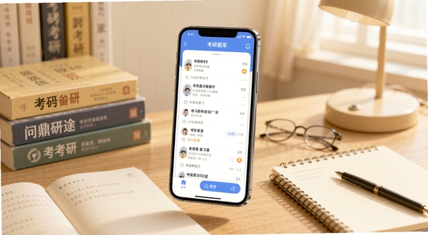 一款名为问鼎研途的手机应用界面展示图,画面中央悬浮着一部智能手机,屏幕内显示考研题库练习界面,背景为简约的书桌场景,桌面上摆放着考研书籍和笔记本,整体色调温暖明亮,突出学习备考氛围,适配Boogu模型生成